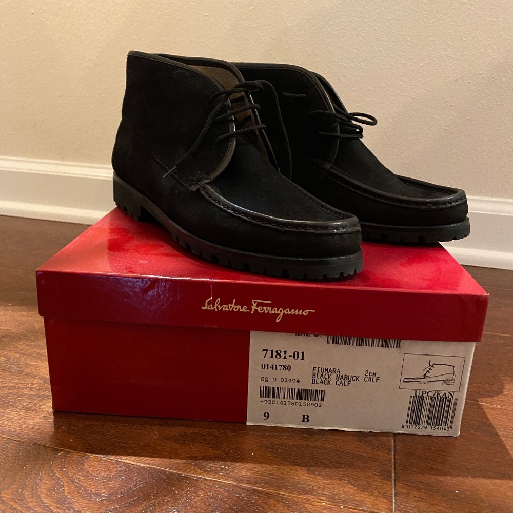 NEW Ferragamo Black Nubuck Boots Size 9 B